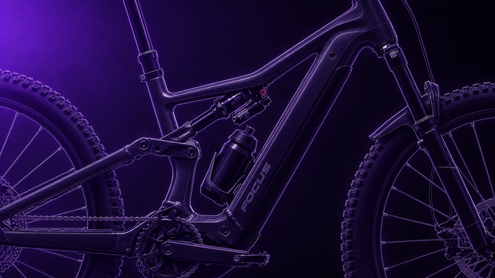 FOCUS JAM²: Rahmen und Bosch-Antrieb im feinen violetten Tretmaschine-Zeichenstil