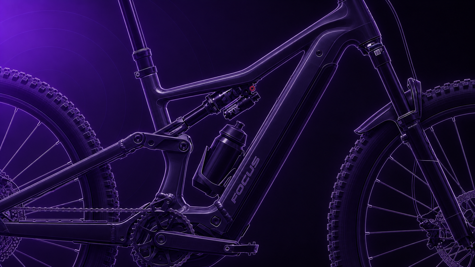 FOCUS JAM²: Rahmen und Bosch-Antrieb im feinen violetten Tretmaschine-Zeichenstil