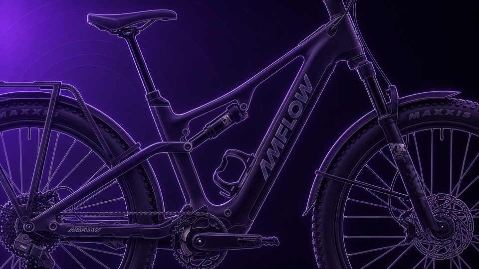 Amflow TL Carbon mit Rahmen, entnehmbarem Akku, Dämpfer und Antrieb im violetten Tretmaschine-Skizzenstil