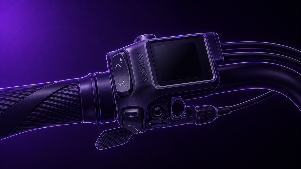 Avinox DP200 Lenkerdisplay mit fünf Tasten im violetten Tretmaschine-Technikstil