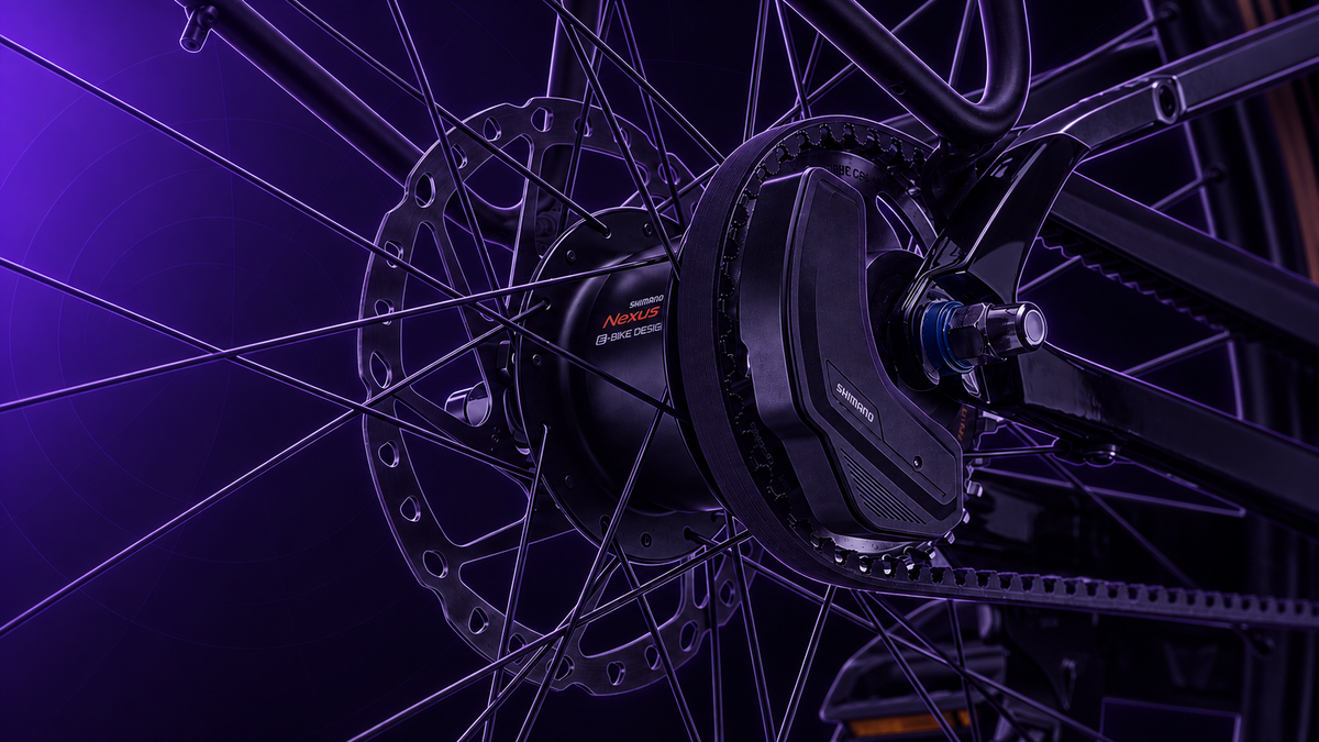Cannondale FlyingV 1 mit Shimano Nexus Di2, Gates-Riemen und Bremsscheibe im dunklen violetten Tretmaschine-Skizzenstil