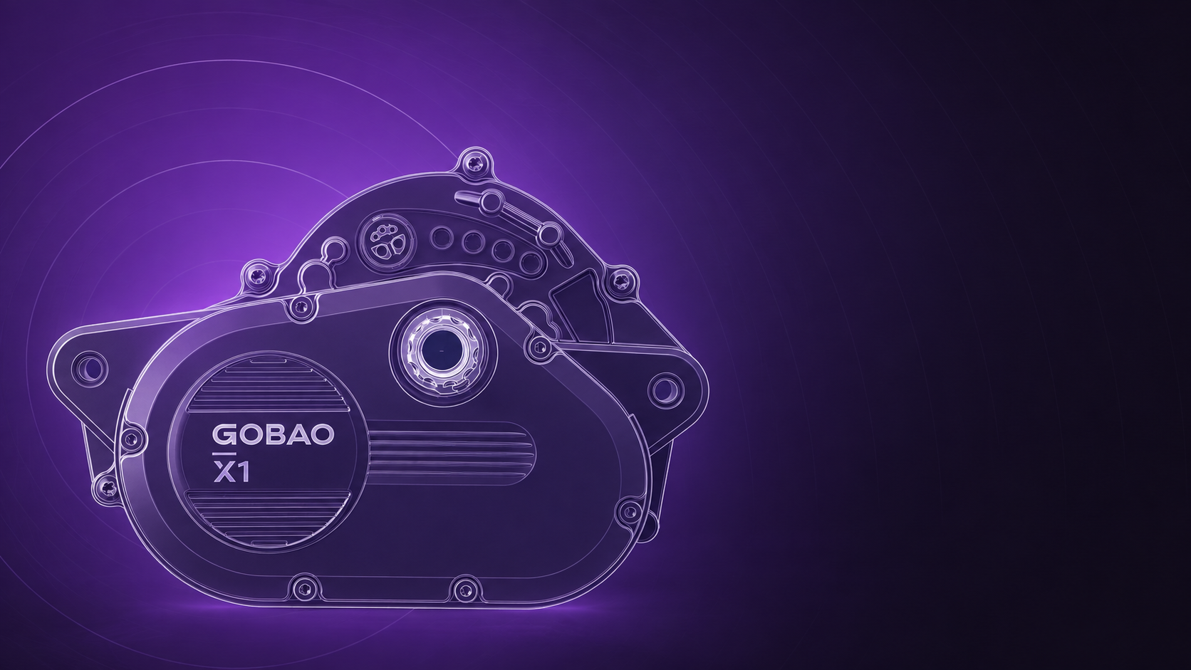 Gobao X1 Motor-Getriebe-Einheit als technische Skizze im violetten Tretmaschine CI