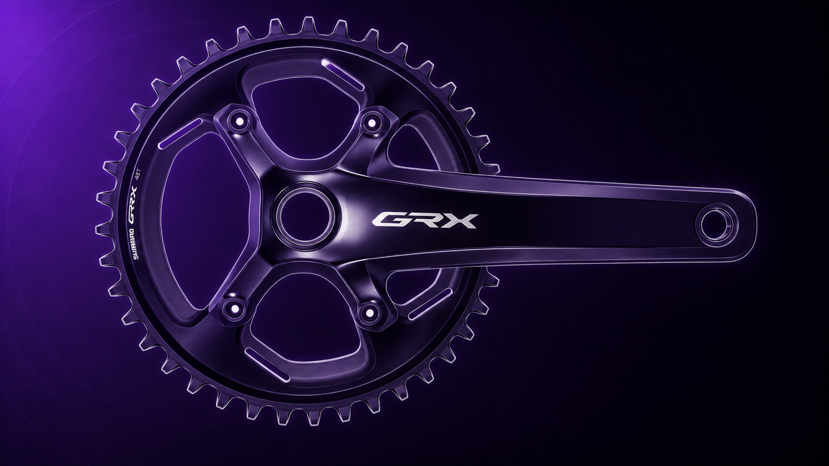 Shimano GRX Kurbel mit 46-Zähne-Kettenblatt als dunkle violette technische Tretmaschine-Illustration