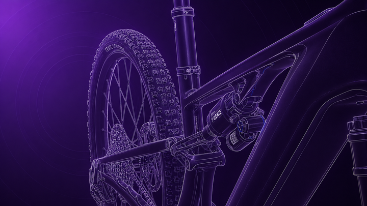 Specialized S-Works Turbo Levo R Fahrwerksdetail im technischen Tretmaschine-Skizzenstil
