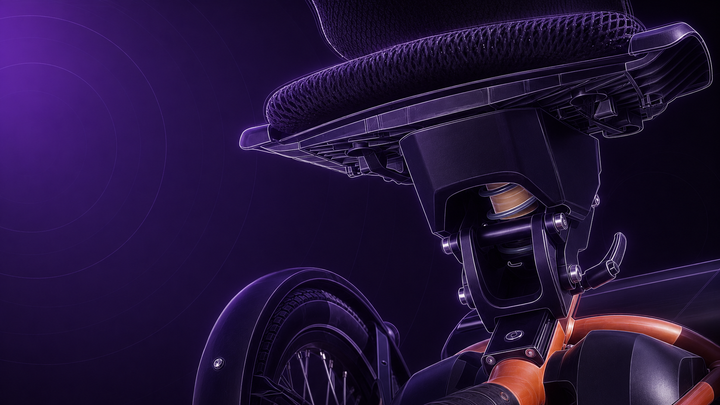Van Raam Easy Rider Compact+ BiSSA-Federung im technischen Tretmaschine-Skizzenstil