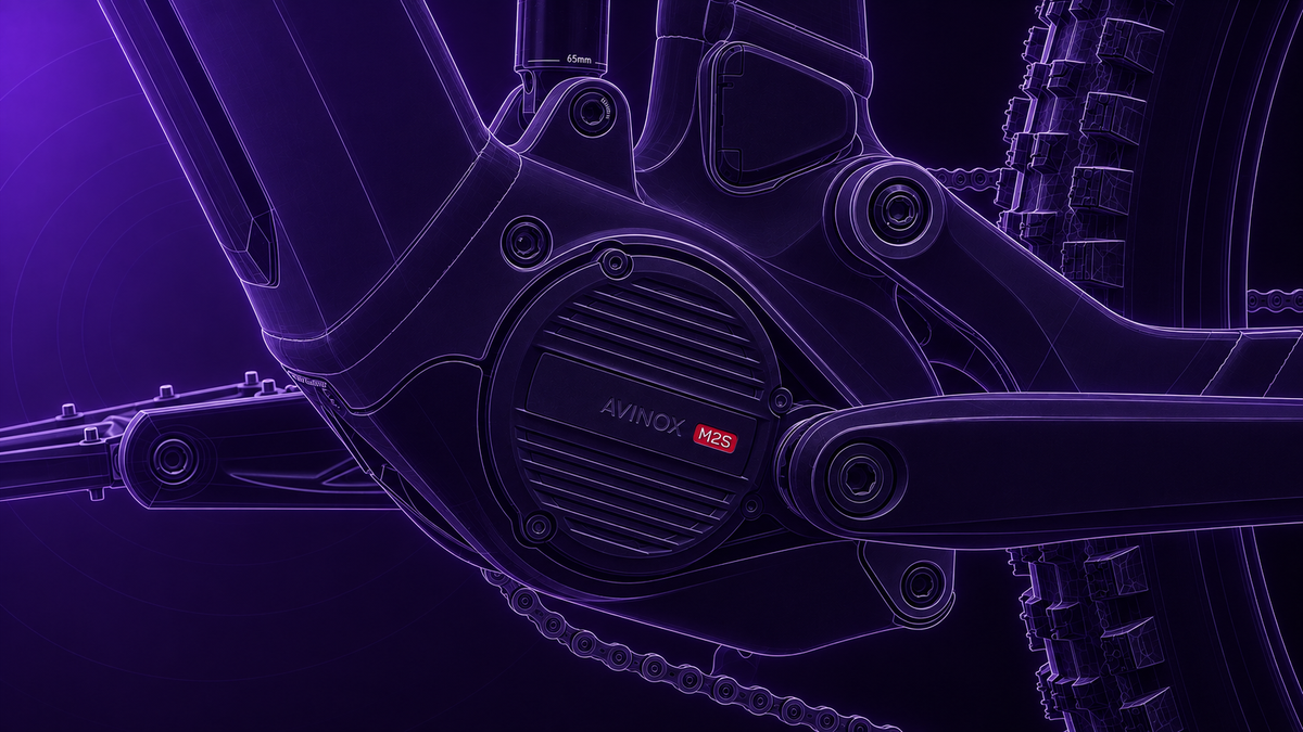 Raymon Durok: Avinox-Motor und Rahmen im feinen violetten Tretmaschine-Zeichenstil