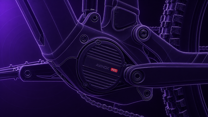 Raymon Durok: Avinox-Motor und Rahmen im feinen violetten Tretmaschine-Zeichenstil