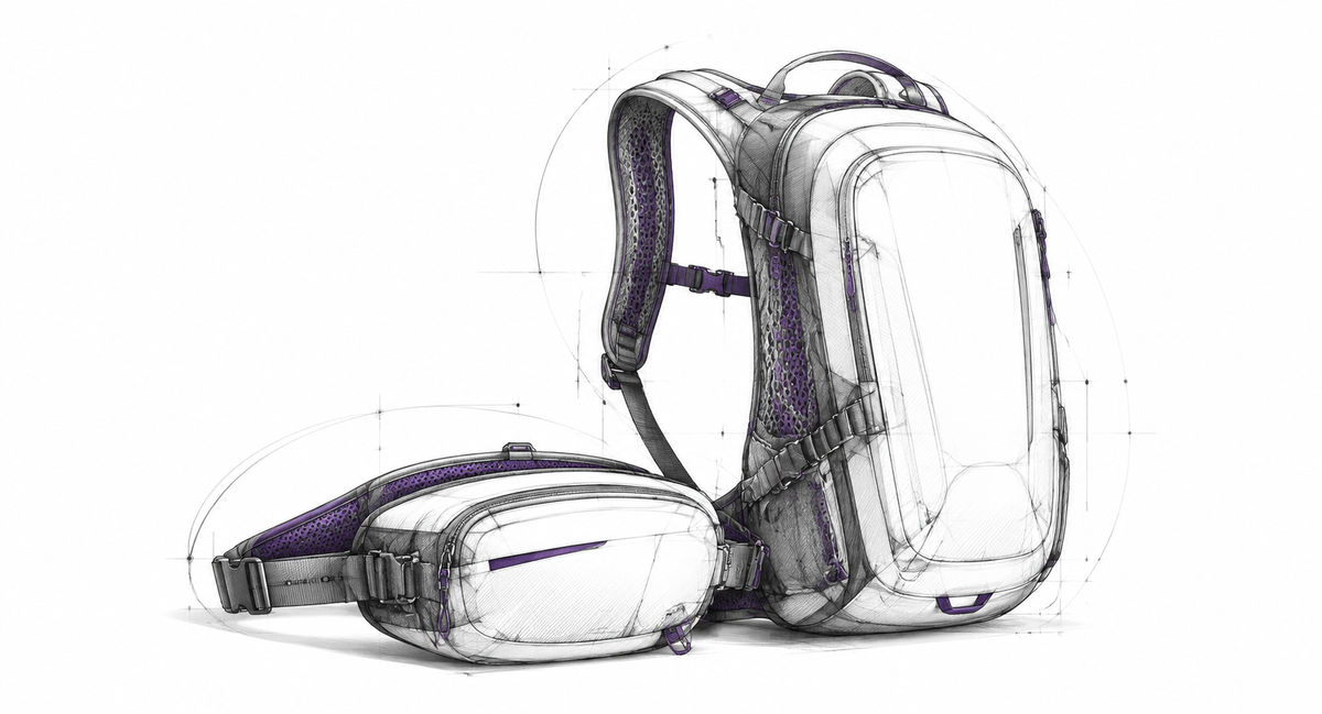 Technische Skizze: Rucksäcke und Hipbags im Tretmaschine CI