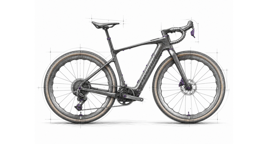 Tretmaschine Skizze E-Gravel – Raymon Norza Ultra 2026 Kategorie-Illustration