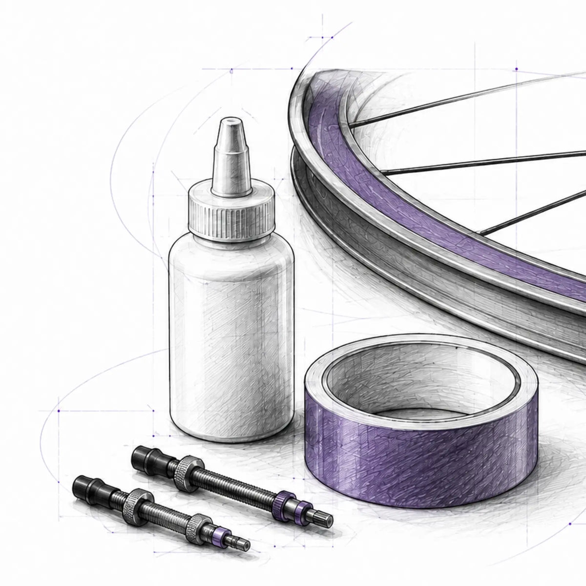 Technische Skizze eines Tubeless-Setups mit Felgenband, Ventilen und Dichtmittel
