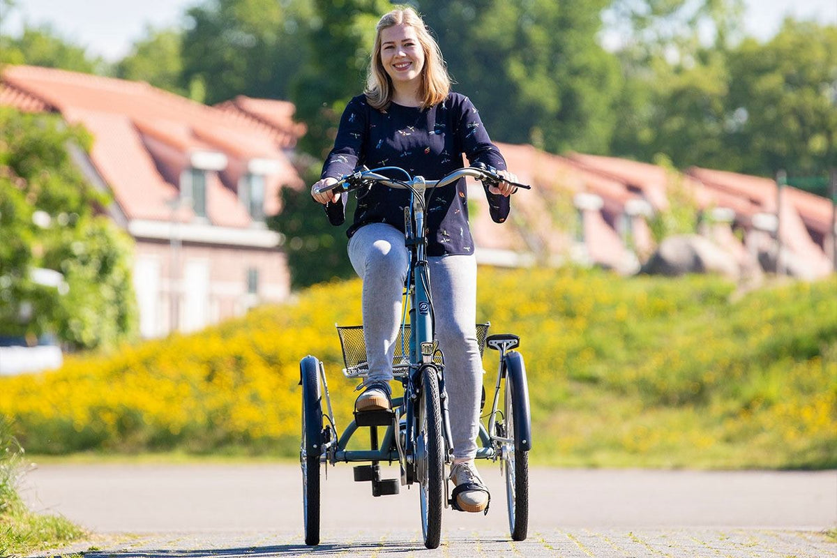 Van Raam Maxi: aufrecht unterwegs auf drei Rädern. Abgebildete Ausstattung kann abweichen.